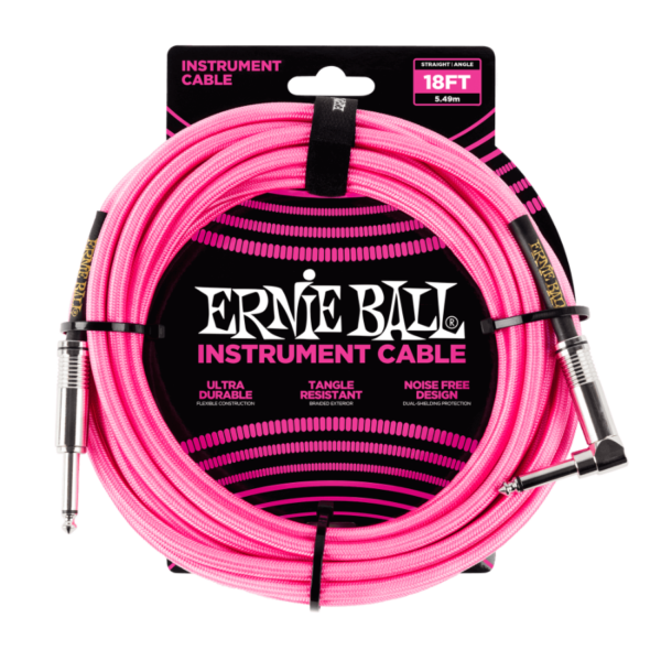 Ernie Ball 18ft Braided Cable - Neon Pink, Straight/Angle